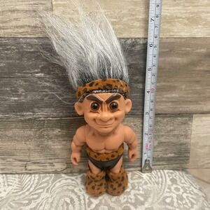Vintage Troll Doll Caveman Warrior Figure with Grey Hair and Leopard Print